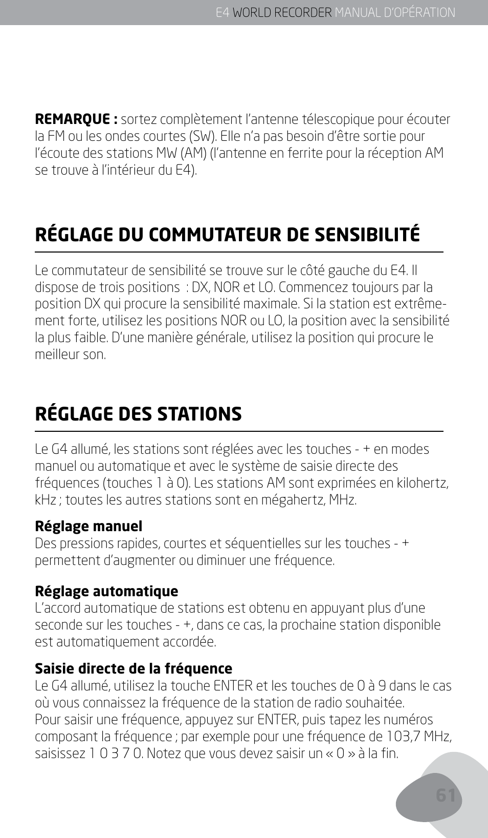 Réglage du commutateur de sensibilité, Réglage des stations | Eton E4 User Manual | Page 61 / 140