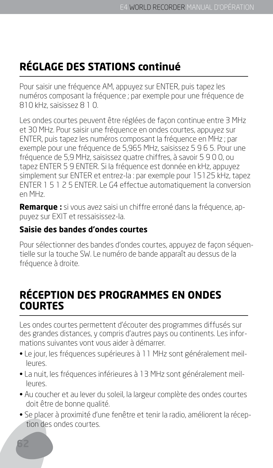 Réglage des stations continué, Réception des programmes en ondes courtes | Eton E4 User Manual | Page 62 / 140