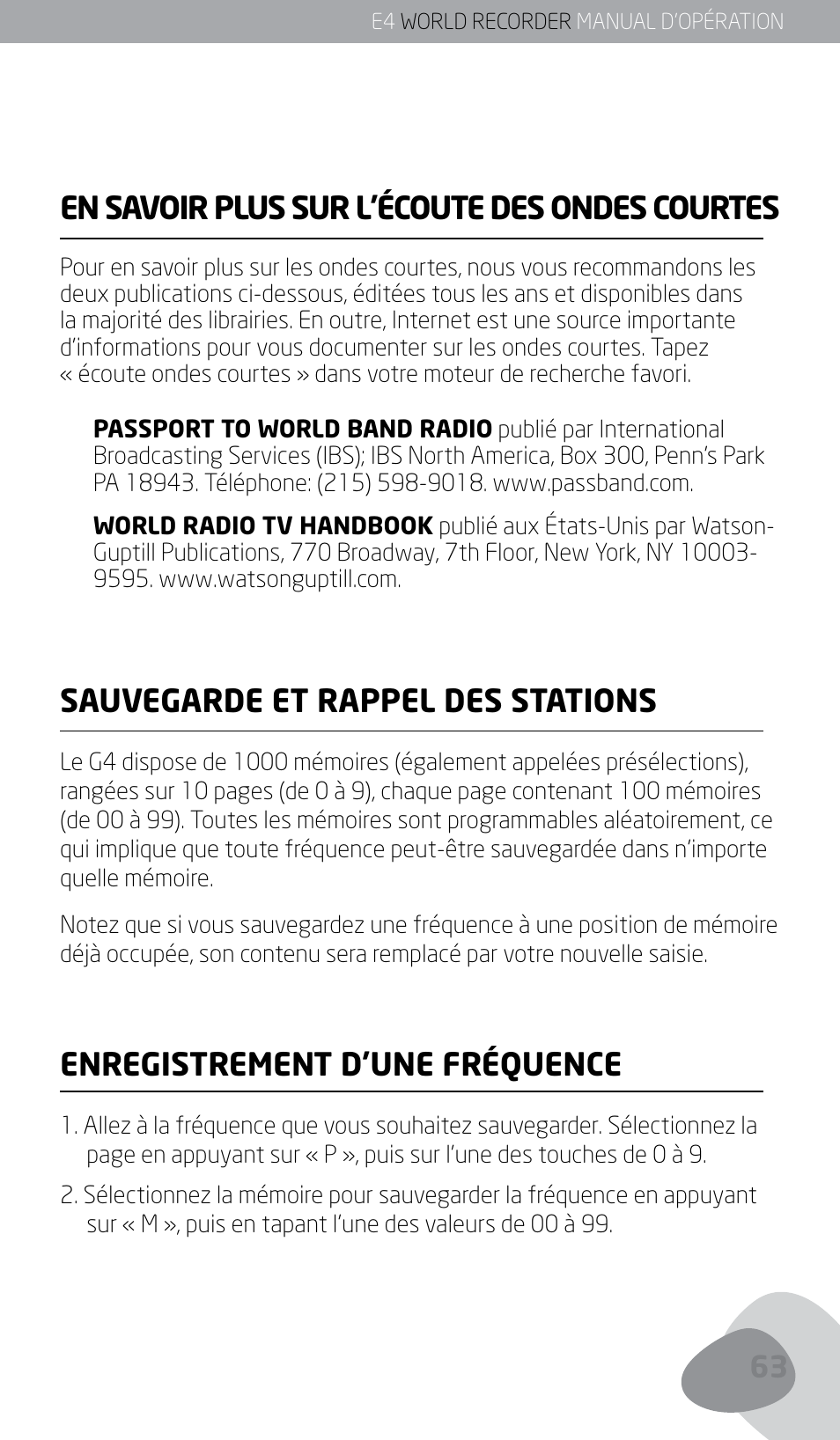 En savoir plus sur l’écoute des ondes courtes, Sauvegarde et rappel des stations, Enregistrement d’une fréquence | Eton E4 User Manual | Page 63 / 140