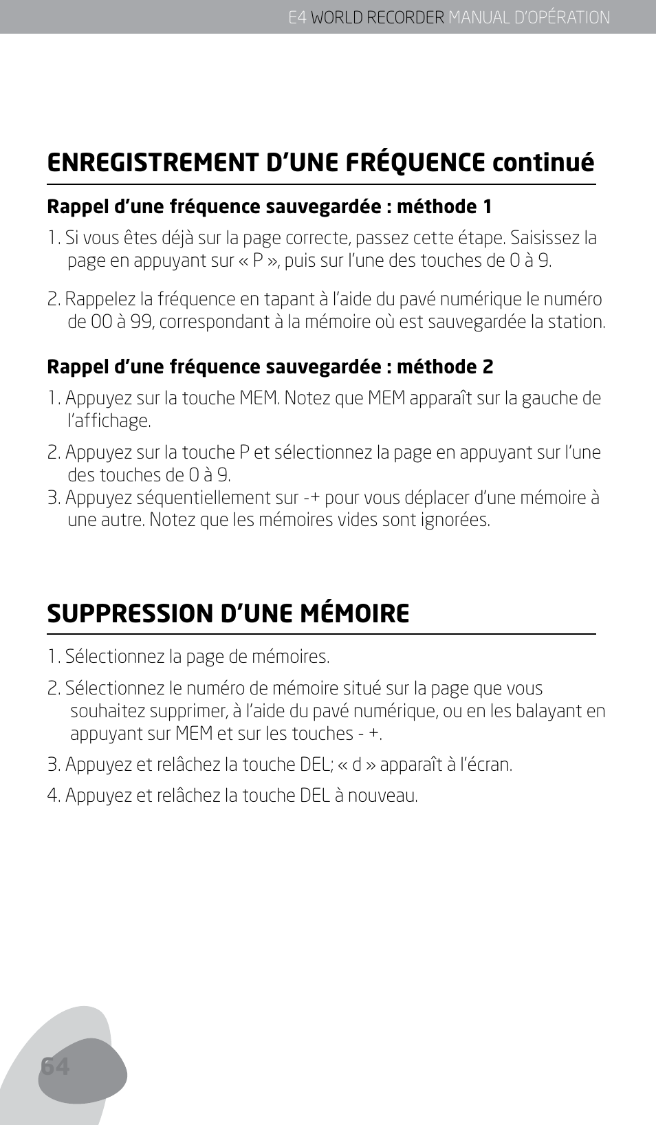 Enregistrement d’une fréquence continué, Suppression d’une mémoire | Eton E4 User Manual | Page 64 / 140