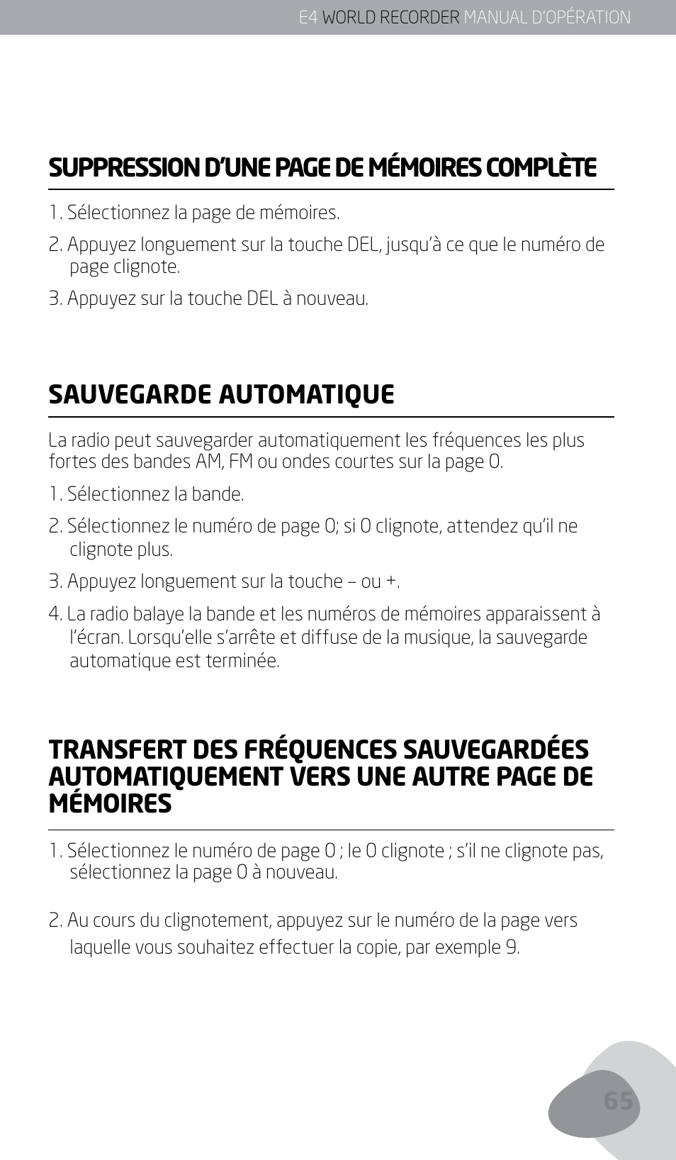 Suppression d’une page de mémoires complète, Sauvegarde automatique | Eton E4 User Manual | Page 65 / 140