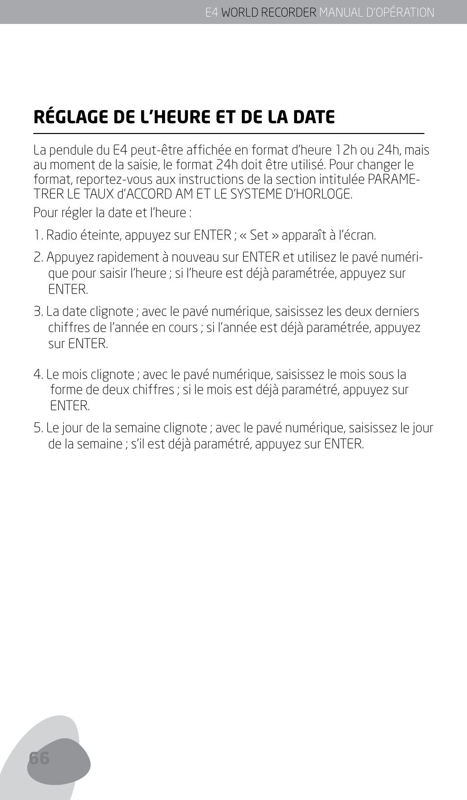 Réglage de l’heure et de la date | Eton E4 User Manual | Page 66 / 140