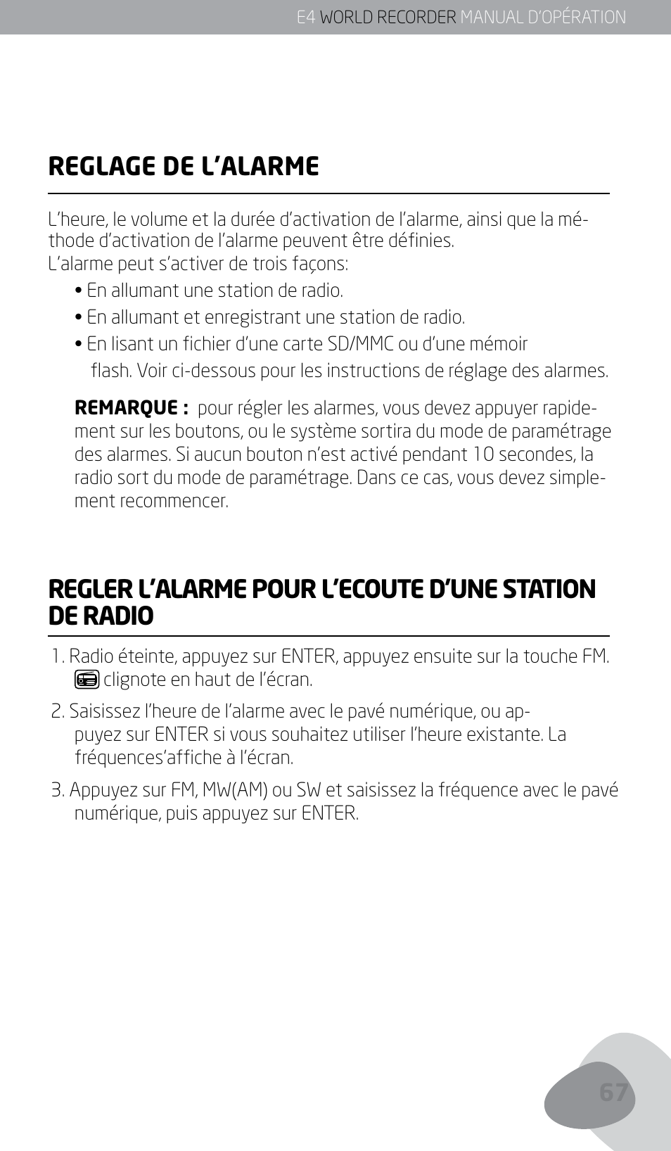 Reglage de l’alarme | Eton E4 User Manual | Page 67 / 140