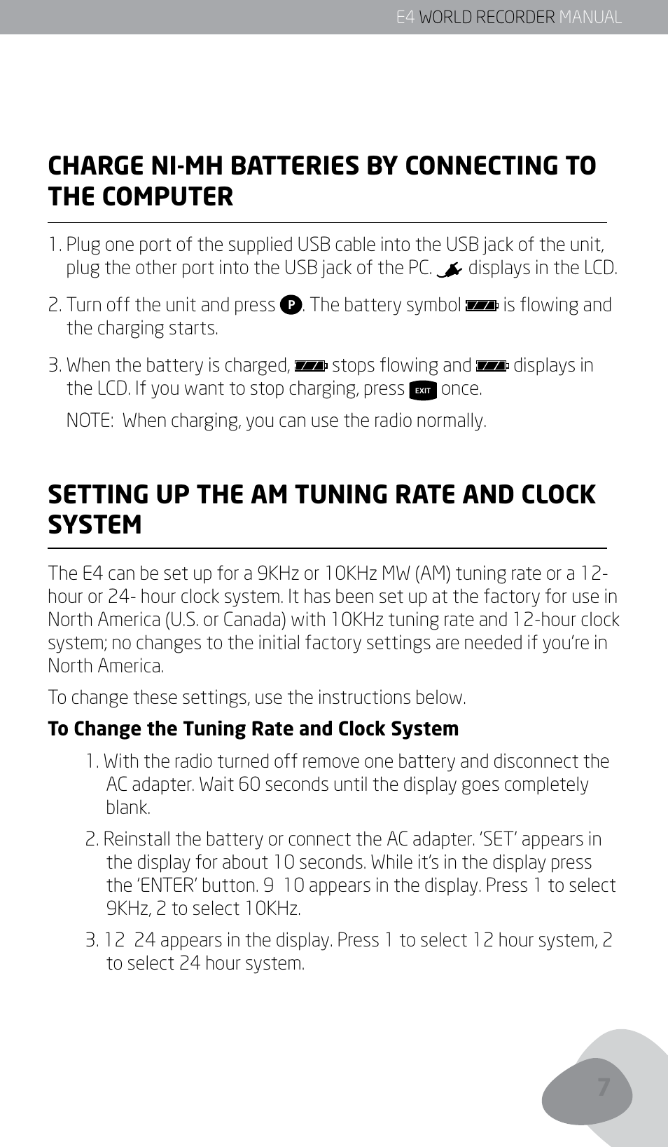 Setting up the am tuning rate and clock system | Eton E4 User Manual | Page 7 / 140