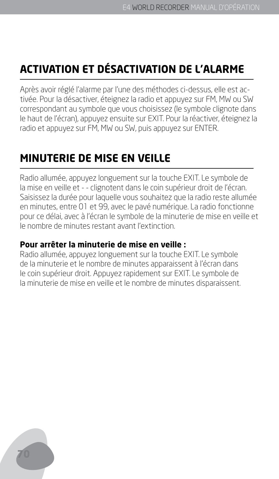 Activation et désactivation de l’alarme, Minuterie de mise en veille | Eton E4 User Manual | Page 70 / 140