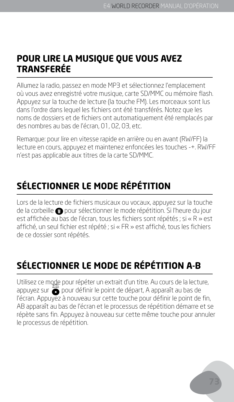 Pour lire la musique que vous avez transferée, Sélectionner le mode répétition, Sélectionner le mode de répétition a-b | Eton E4 User Manual | Page 73 / 140