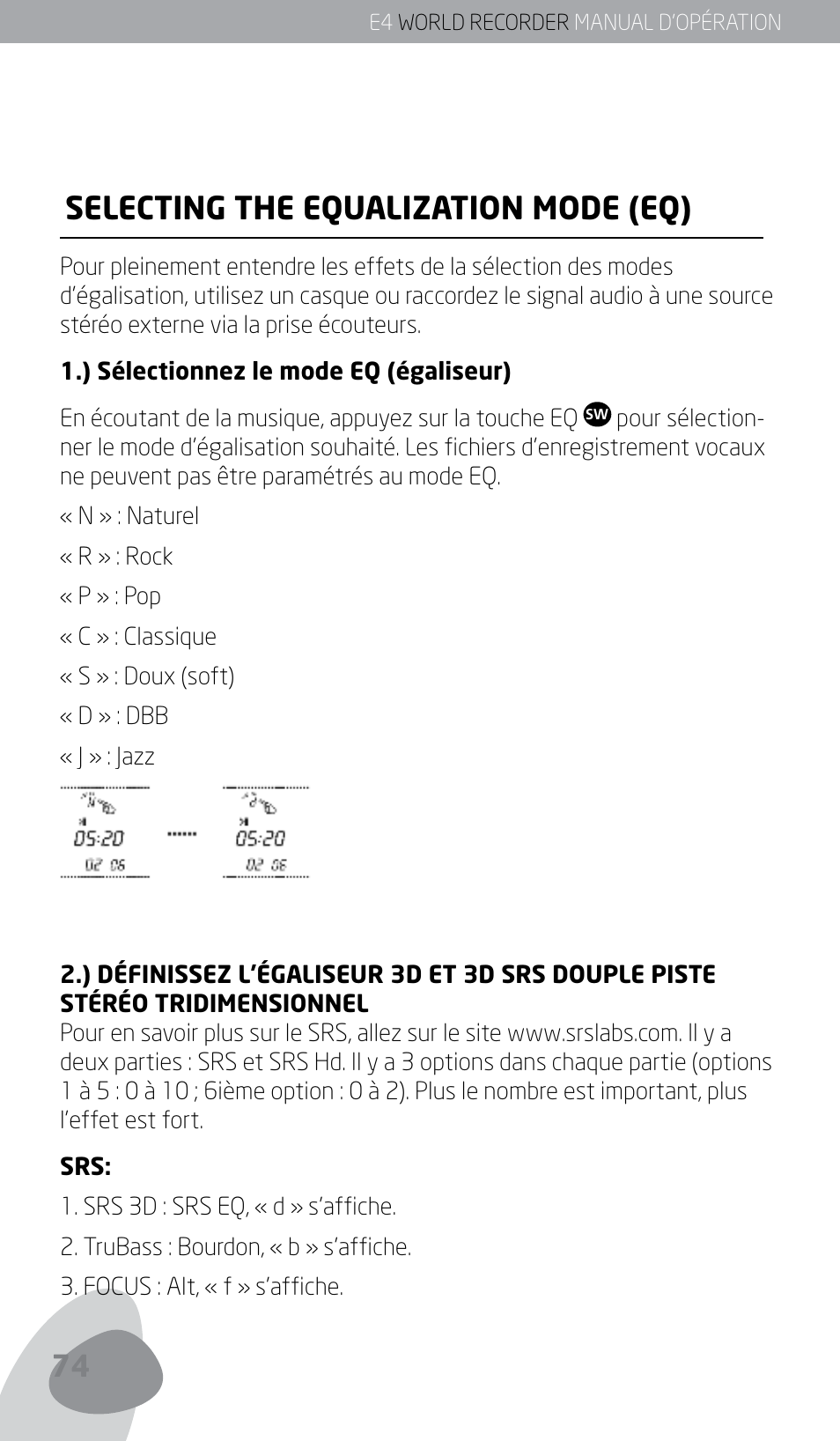 Selecting the equalization mode (eq) | Eton E4 User Manual | Page 74 / 140