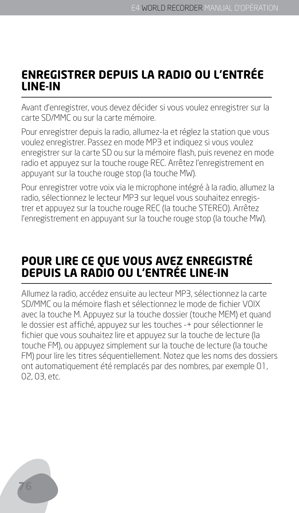 Enregistrer depuis la radio ou l’entrée line-in | Eton E4 User Manual | Page 76 / 140