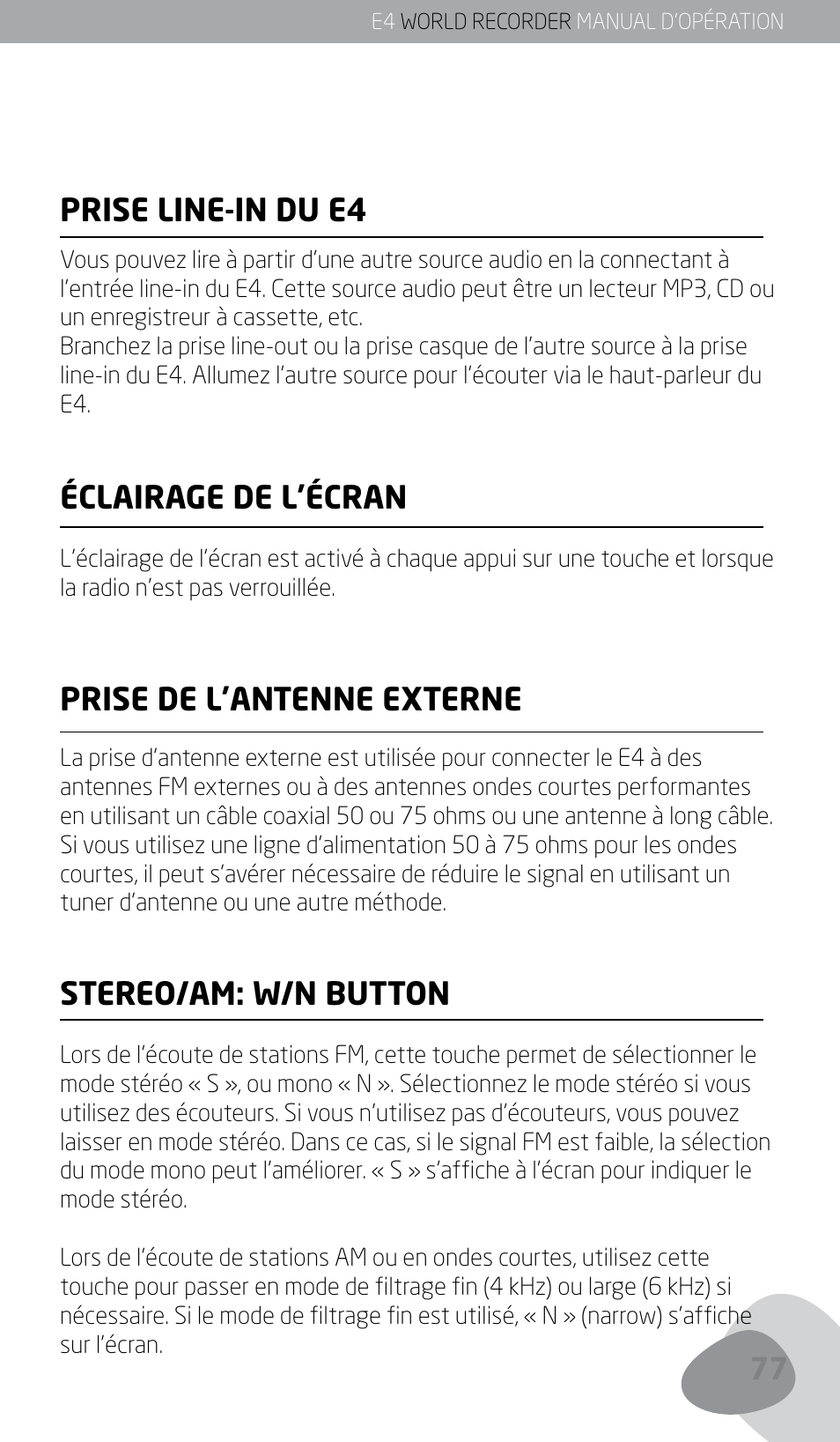 Prise line-in du e4, Éclairage de l’écran, Prise de l’antenne externe | Stereo/am: w/n button | Eton E4 User Manual | Page 77 / 140