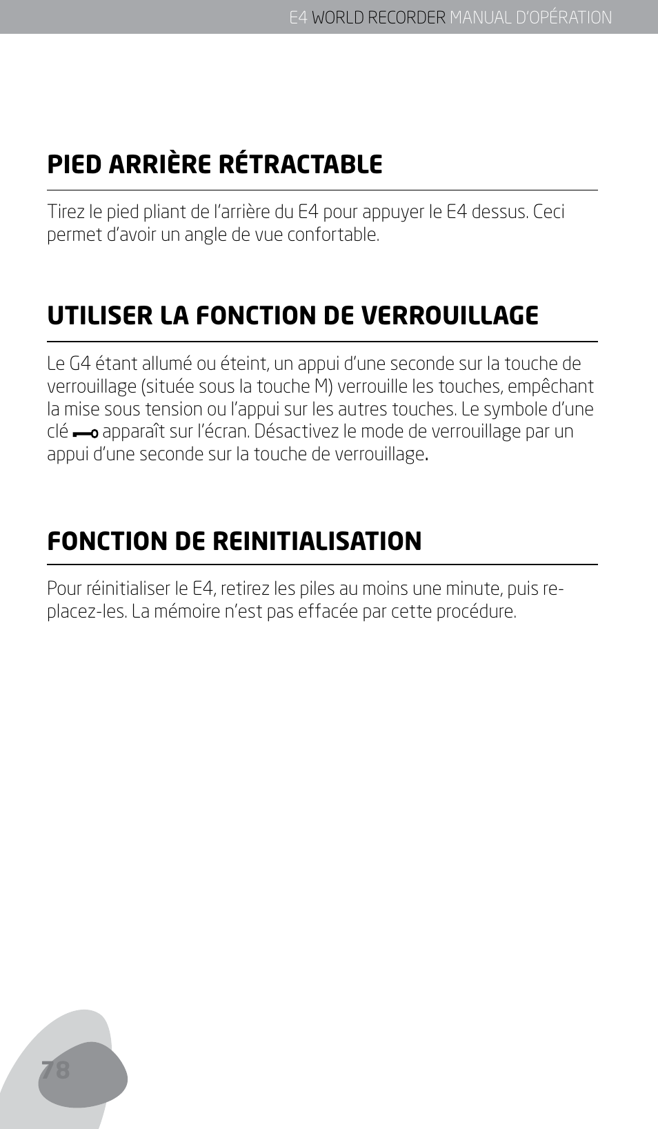 Pied arrière rétractable, Utiliser la fonction de verrouillage, Fonction de reinitialisation | Eton E4 User Manual | Page 78 / 140