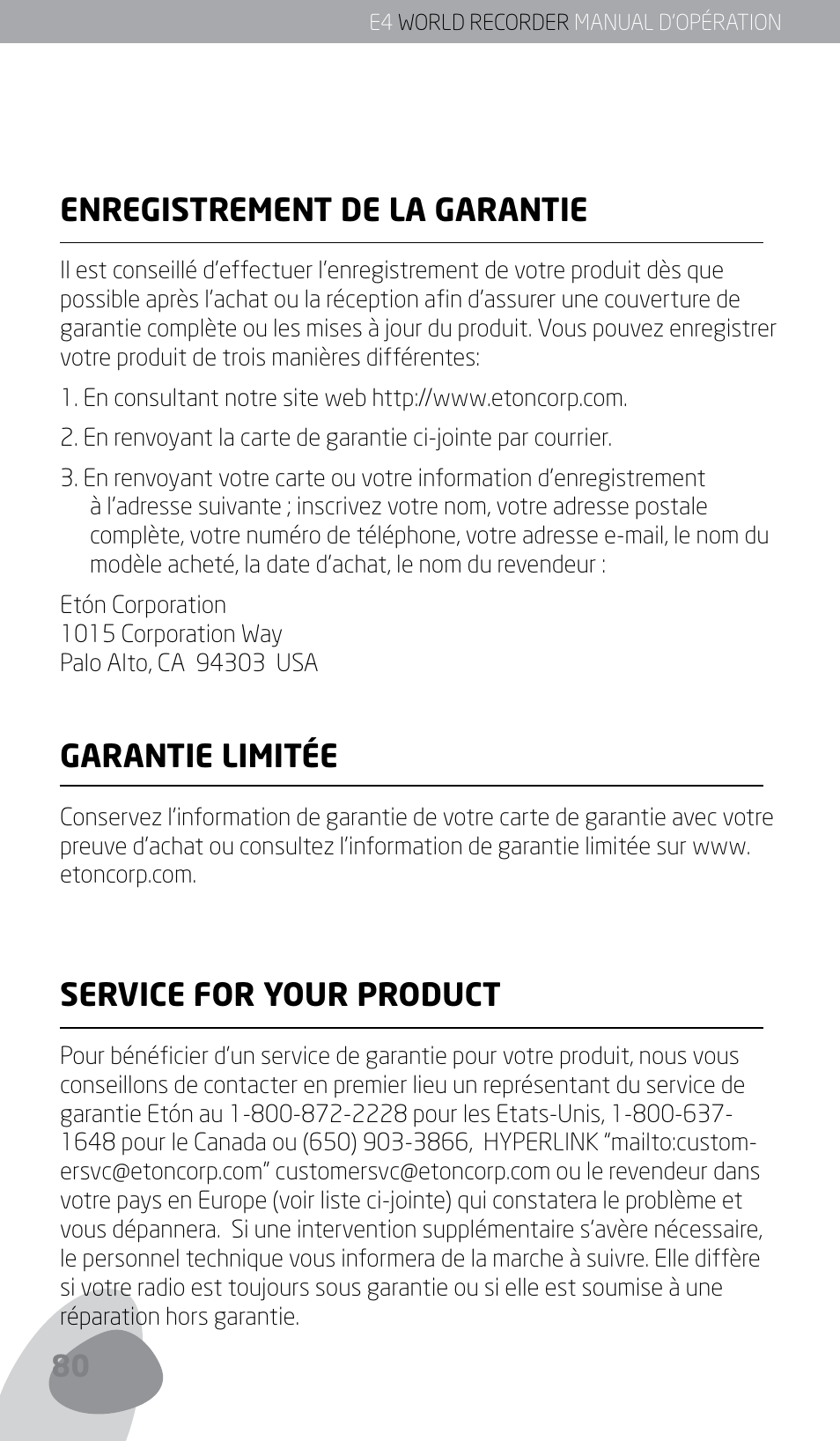 Enregistrement de la garantie, Garantie limitée, Service for your product | Eton E4 User Manual | Page 80 / 140