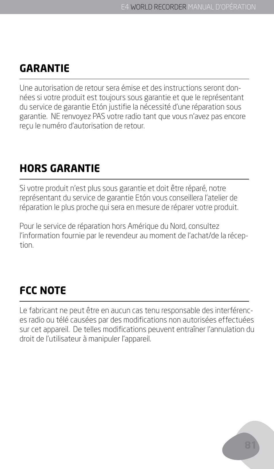 Garantie, Hors garantie | Eton E4 User Manual | Page 81 / 140