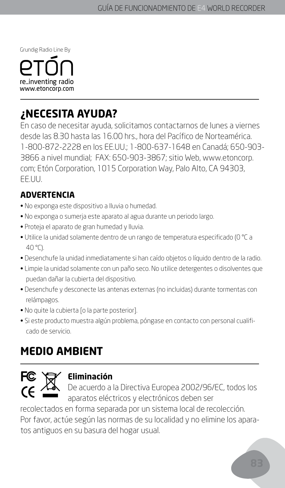 Necesita ayuda, Medio ambient | Eton E4 User Manual | Page 83 / 140