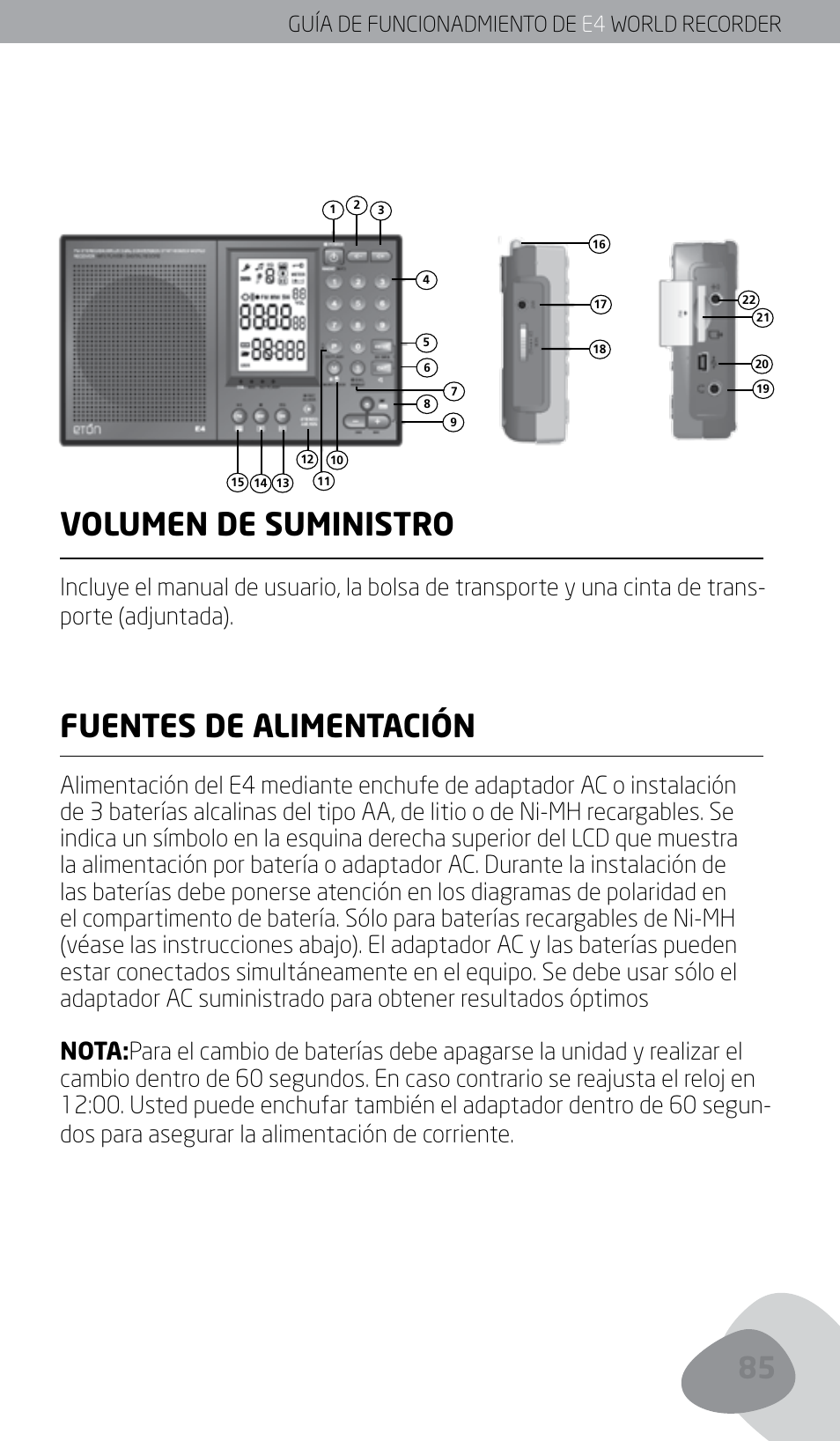 Volumen de suministro, Fuentes de alimentación, Guía de funcionadmiento de e4 world recorder | Eton E4 User Manual | Page 85 / 140