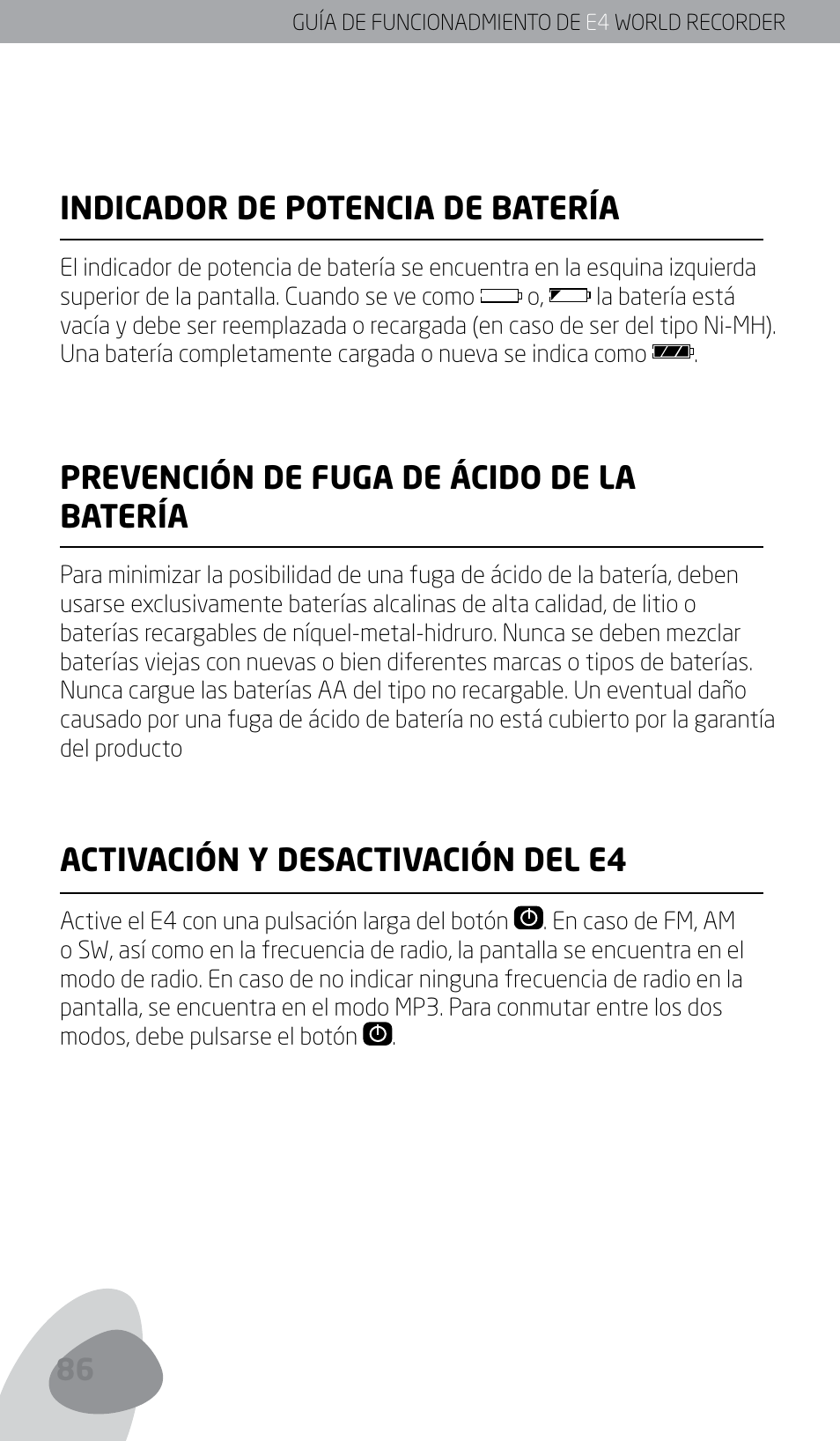 Indicador de potencia de batería, Prevención de fuga de ácido de la batería, Activación y desactivación del e4 | Eton E4 User Manual | Page 86 / 140