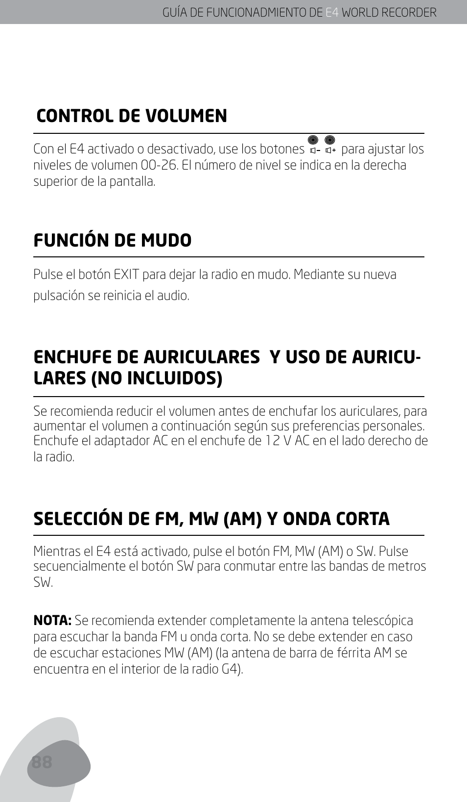 Control de volumen, Función de mudo, Selección de fm, mw (am) y onda corta | Eton E4 User Manual | Page 88 / 140