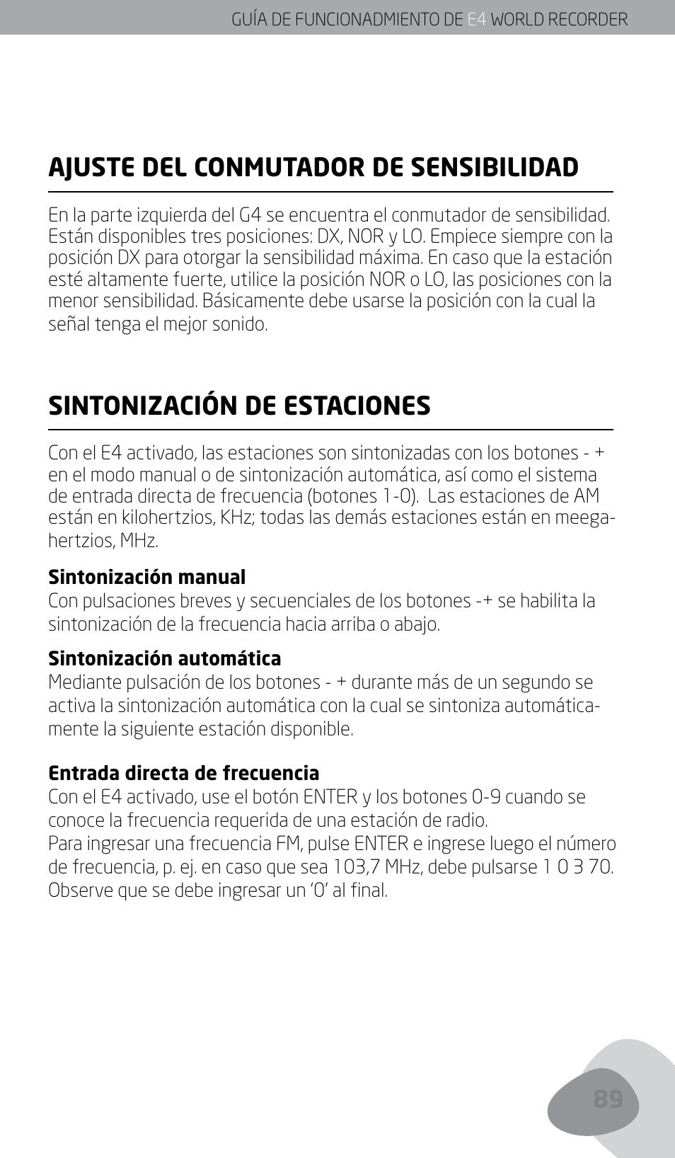 Ajuste del conmutador de sensibilidad, Sintonización de estaciones | Eton E4 User Manual | Page 89 / 140