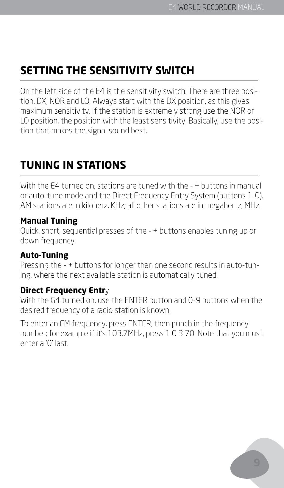 Setting the sensitivity switch, Tuning in stations | Eton E4 User Manual | Page 9 / 140