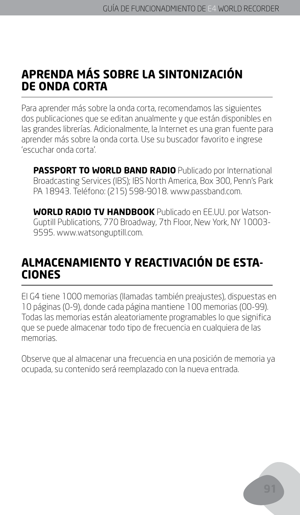 Aprenda más sobre la sintonización de onda corta, Almacenamiento y reactivación de esta- ciones | Eton E4 User Manual | Page 91 / 140