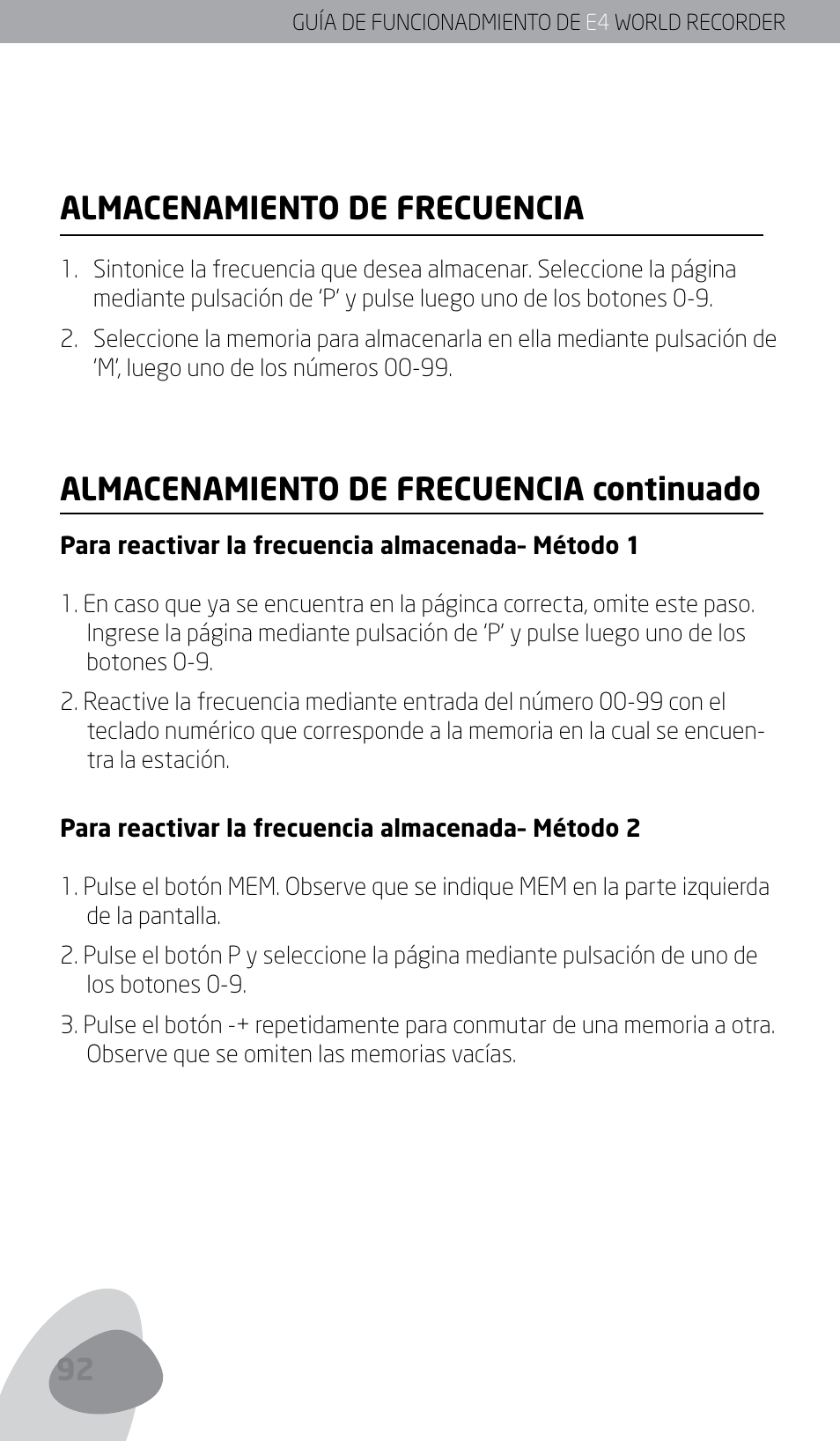 Almacenamiento de frecuencia, Almacenamiento de frecuencia continuado | Eton E4 User Manual | Page 92 / 140