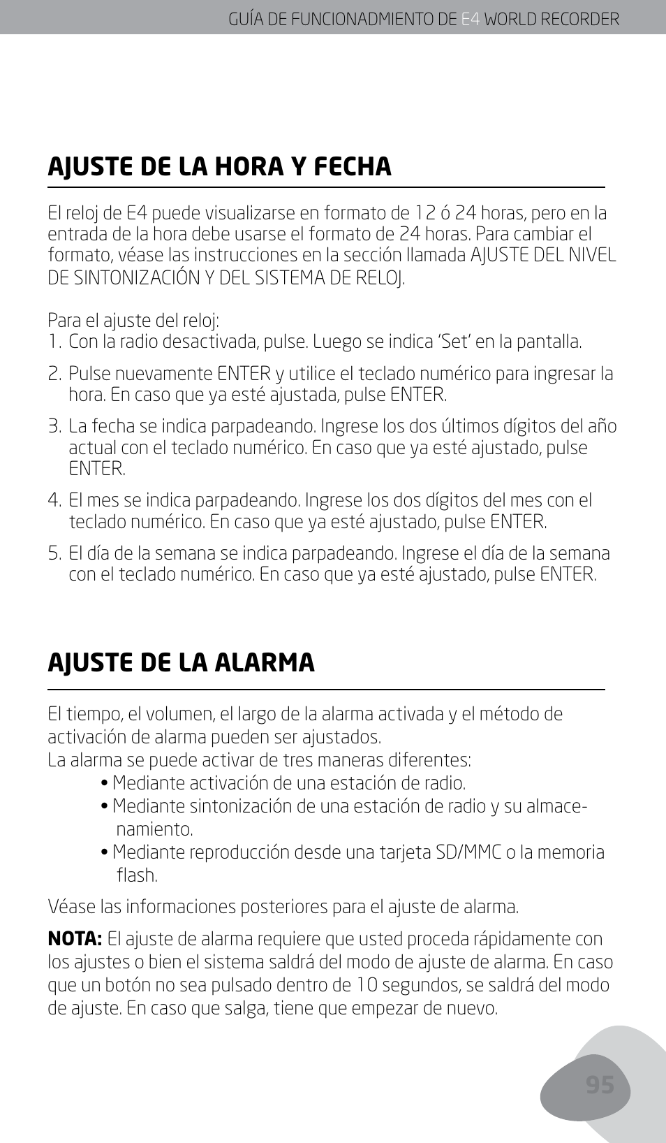 Ajuste de la hora y fecha, Ajuste de la alarma | Eton E4 User Manual | Page 95 / 140