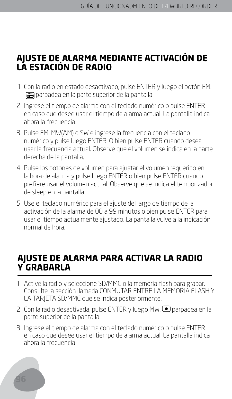 Ajuste de alarma para activar la radio y grabarla | Eton E4 User Manual | Page 96 / 140