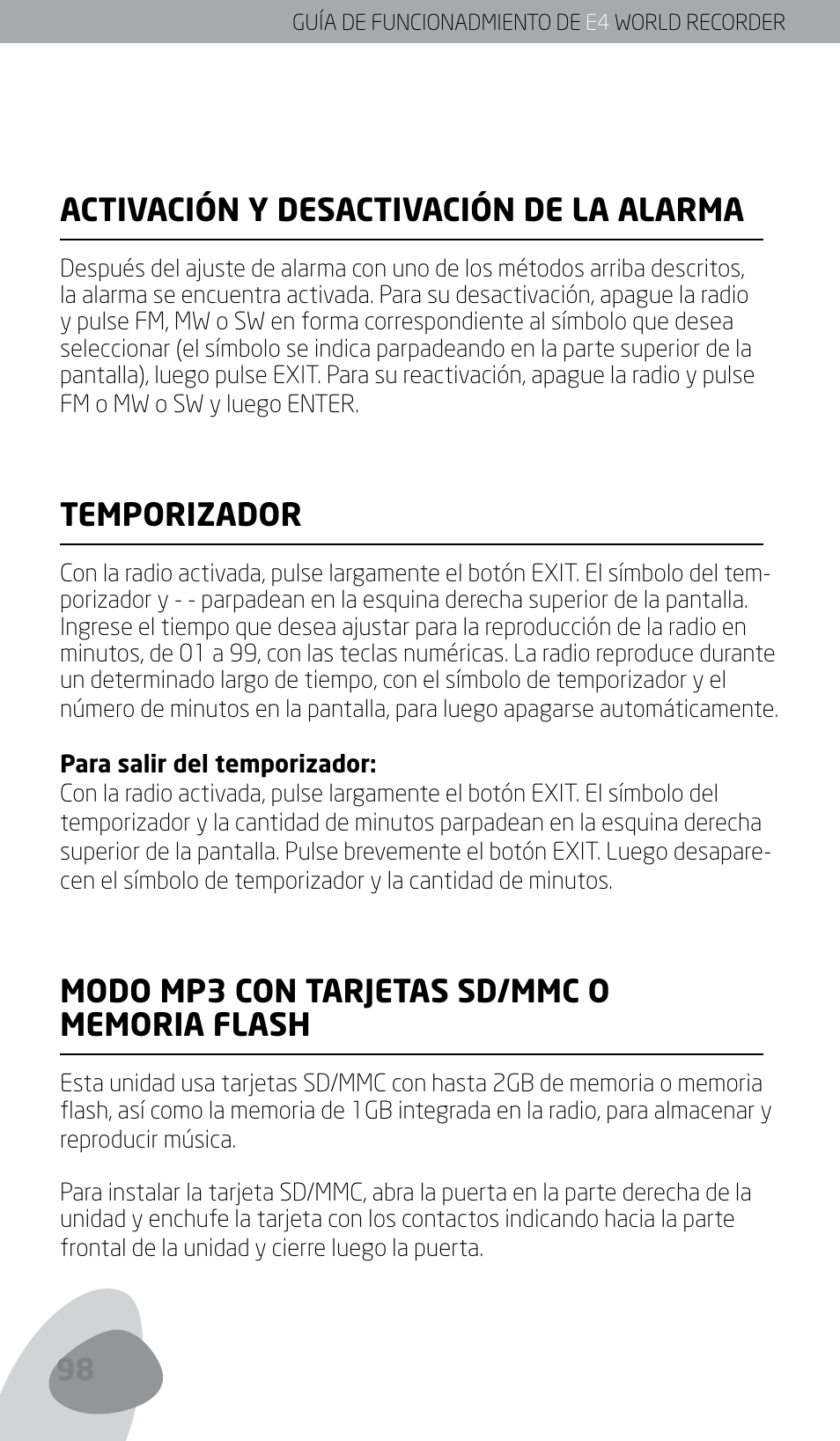 Activación y desactivación de la alarma, Temporizador | Eton E4 User Manual | Page 98 / 140