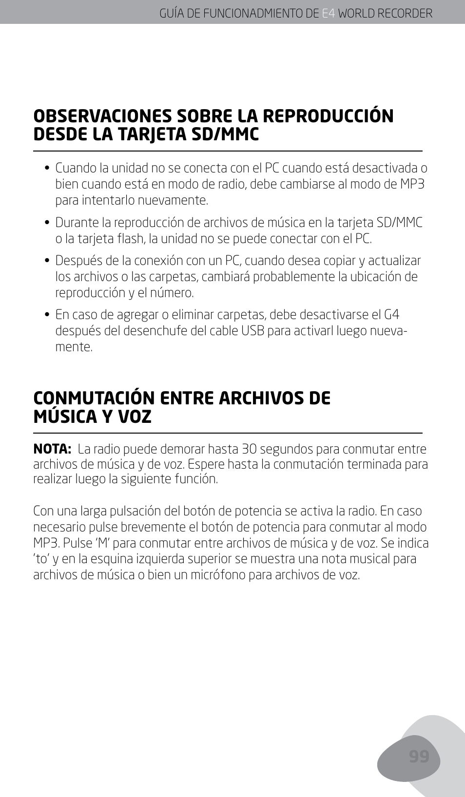 Conmutación entre archivos de música y voz | Eton E4 User Manual | Page 99 / 140