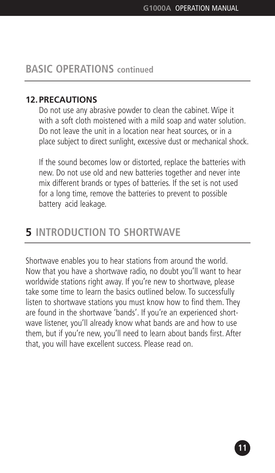 Basic operations, 5introduction to shortwave | Eton G1000A User Manual | Page 11 / 56