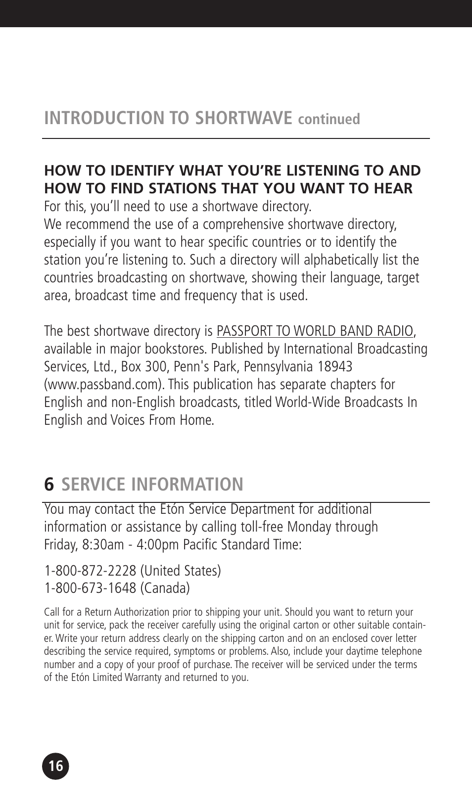 Introduction to shortwave, 6service information | Eton G1000A User Manual | Page 16 / 56