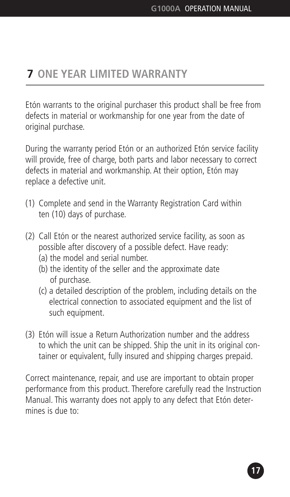 7one year limited warranty | Eton G1000A User Manual | Page 17 / 56