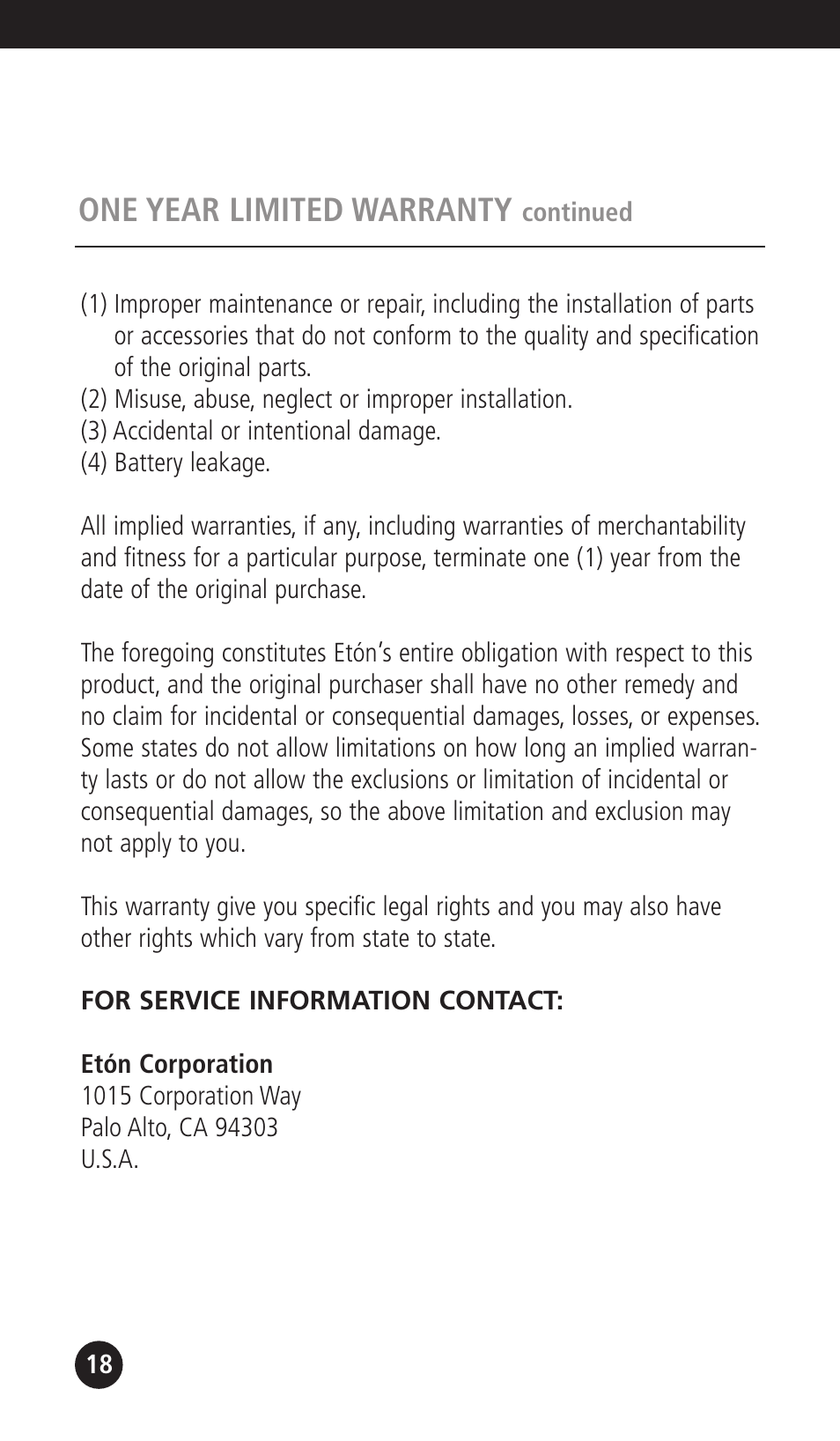 One year limited warranty | Eton G1000A User Manual | Page 18 / 56