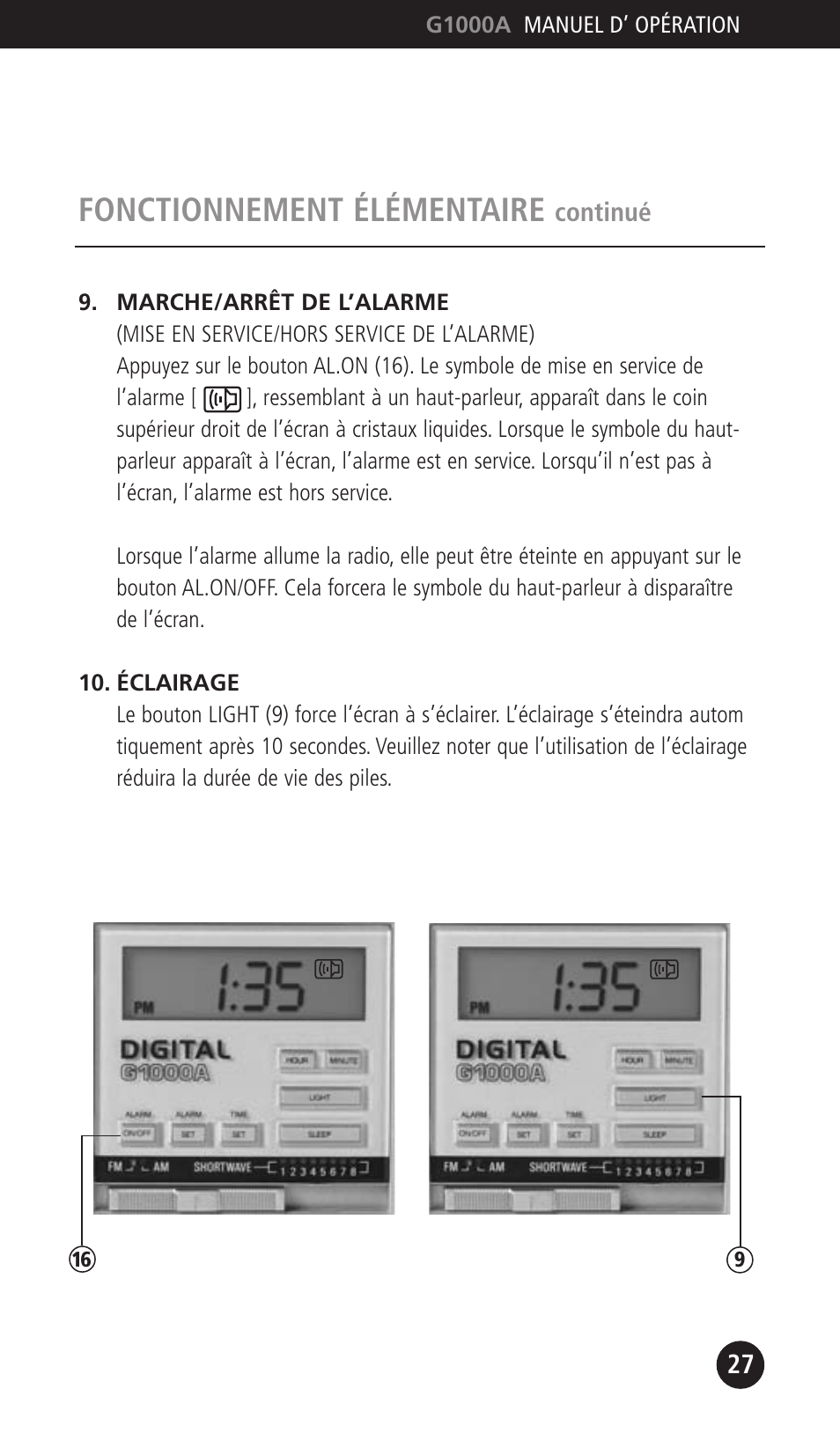 Fonctionnement élémentaire | Eton G1000A User Manual | Page 27 / 56