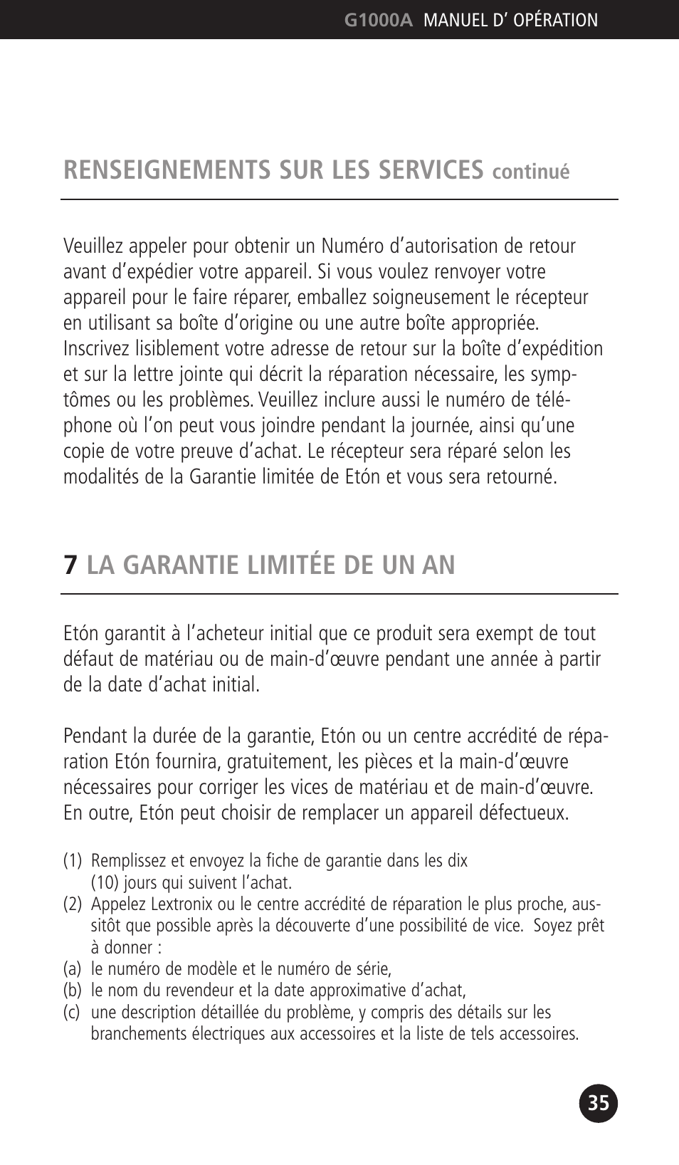 Renseignements sur les services, 7la garantie limitée de un an | Eton G1000A User Manual | Page 35 / 56