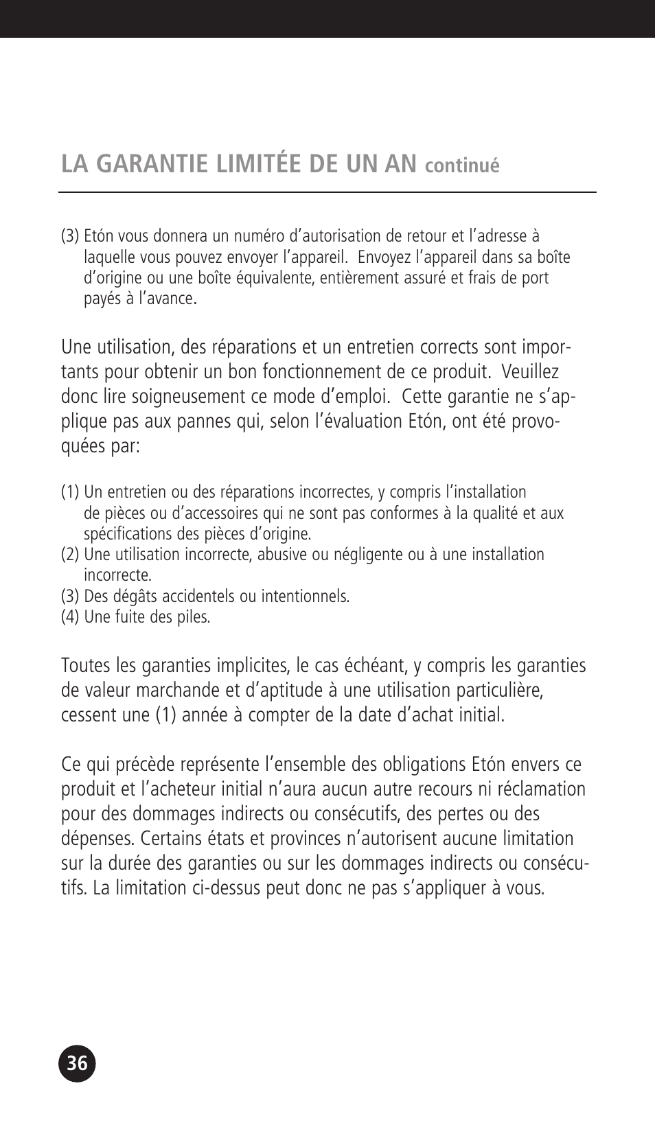 La garantie limitée de un an | Eton G1000A User Manual | Page 36 / 56