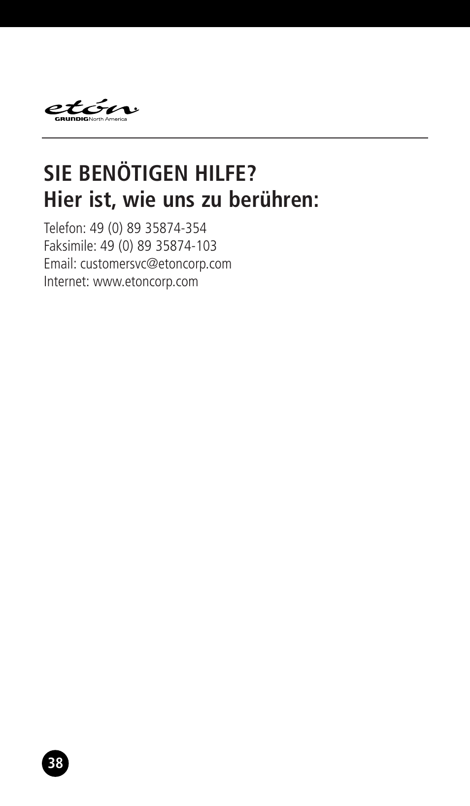 Sie benötigen hilfe? hier ist, wie uns zu berühren | Eton G1000A User Manual | Page 38 / 56