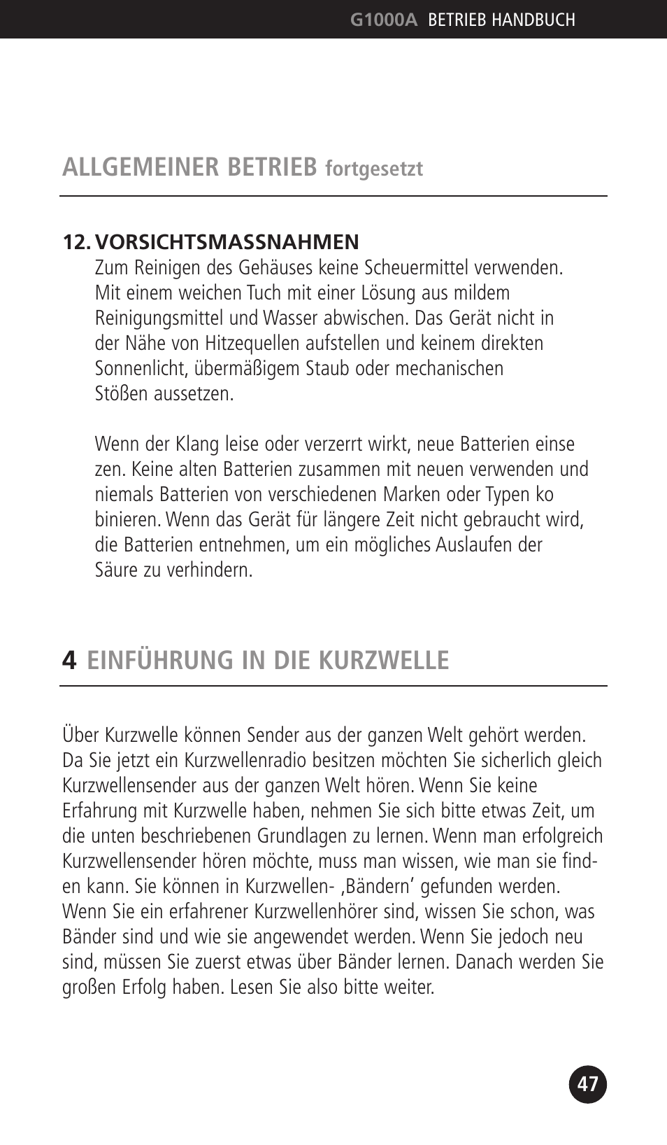 Allgemeiner betrieb, 4einführung in die kurzwelle | Eton G1000A User Manual | Page 47 / 56