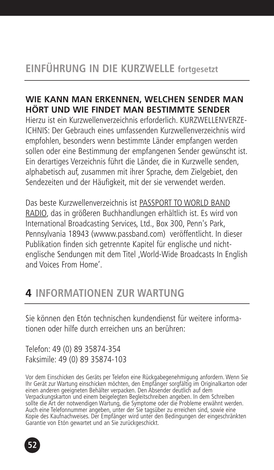 Einführung in die kurzwelle, 4informationen zur wartung | Eton G1000A User Manual | Page 52 / 56