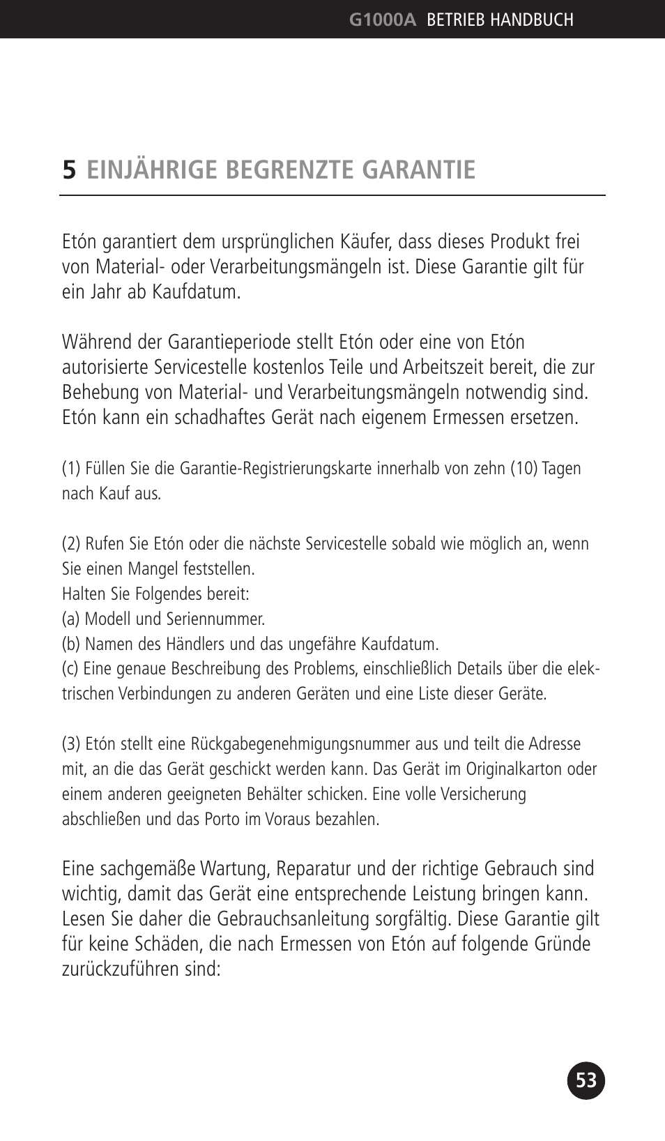 5einjährige begrenzte garantie | Eton G1000A User Manual | Page 53 / 56