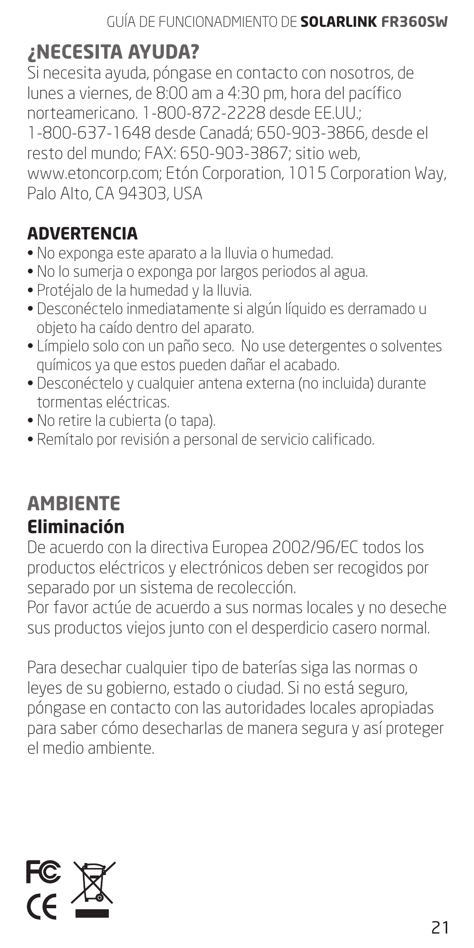 Necesita ayuda, Ambiente | Eton FR360 User Manual | Page 21 / 48