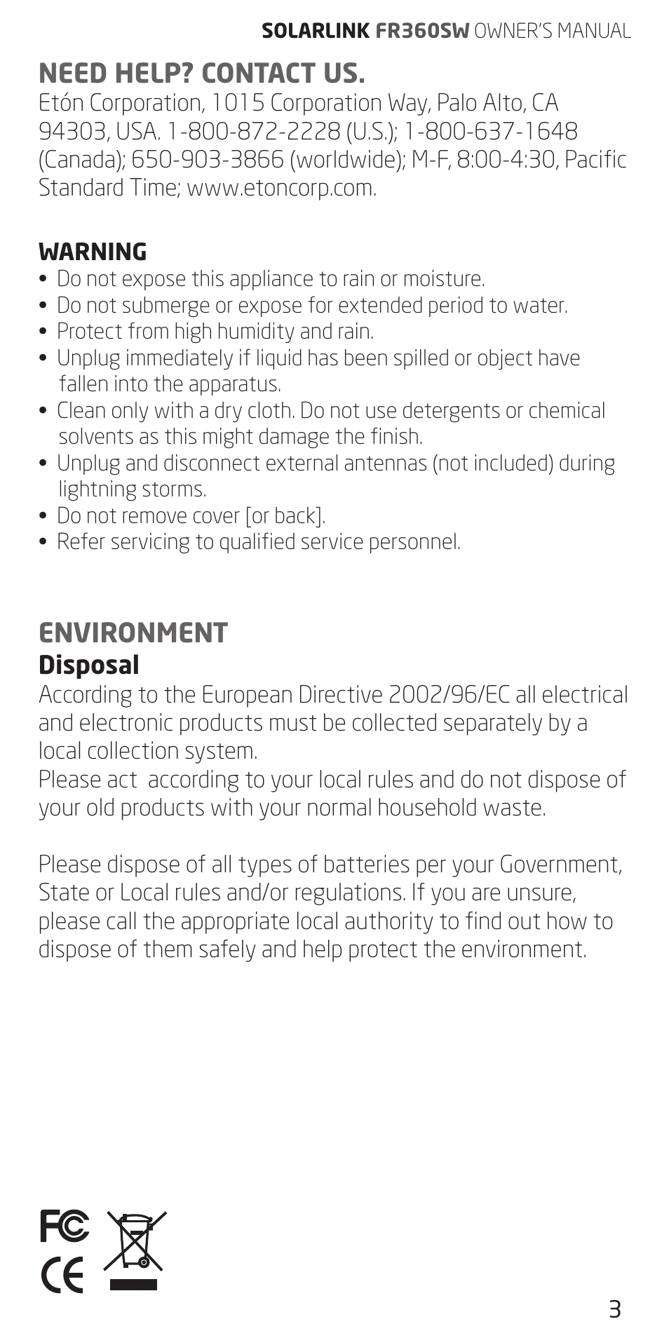 Need help? contact us, Environment | Eton FR360 User Manual | Page 3 / 48