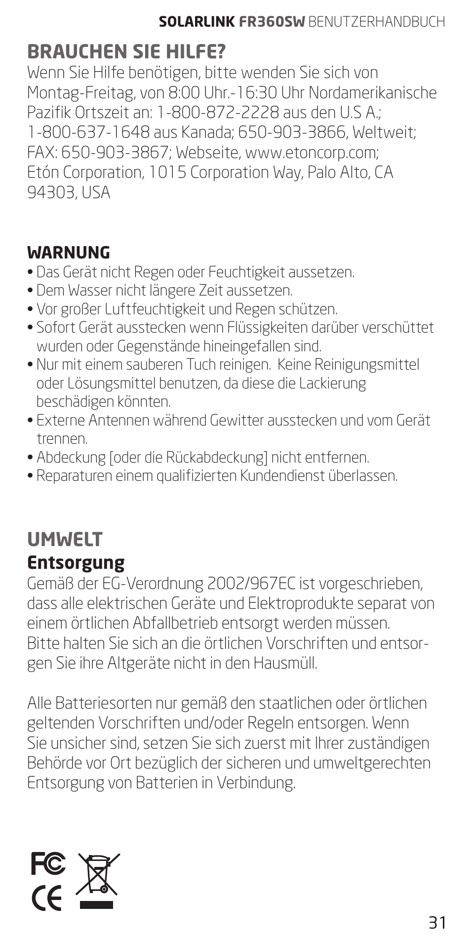 Brauchen sie hilfe, Umwelt | Eton FR360 User Manual | Page 31 / 48