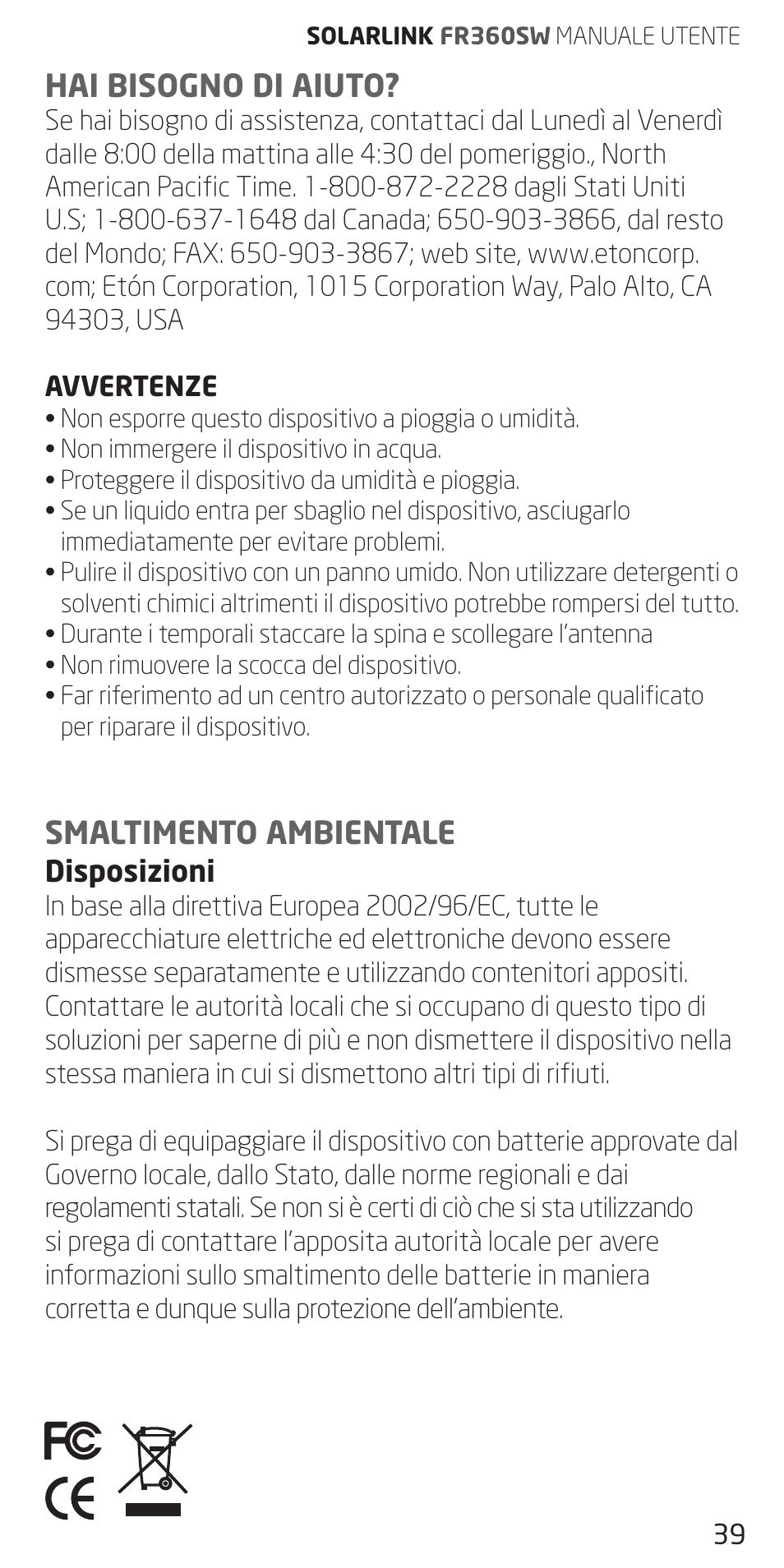 Hai bisogno di aiuto, Smaltimento ambientale | Eton FR360 User Manual | Page 39 / 48