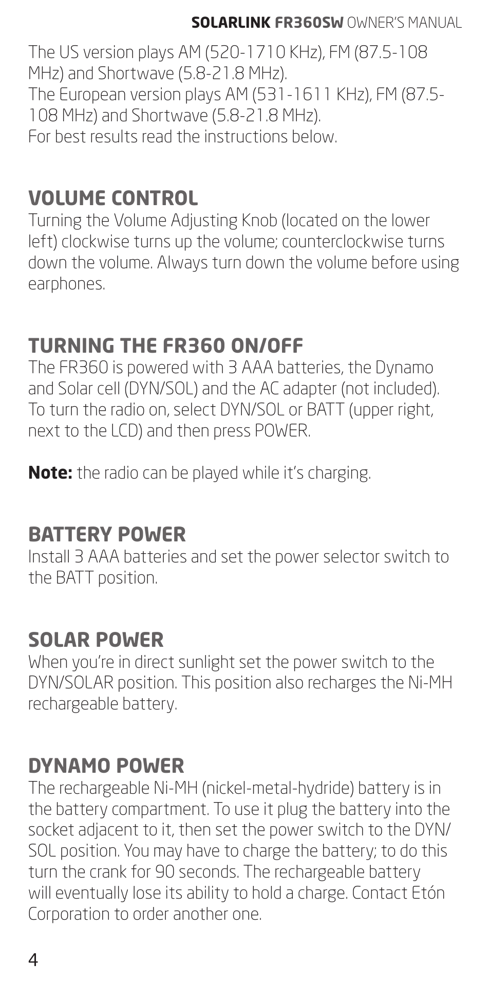 Eton FR360 User Manual | Page 4 / 48