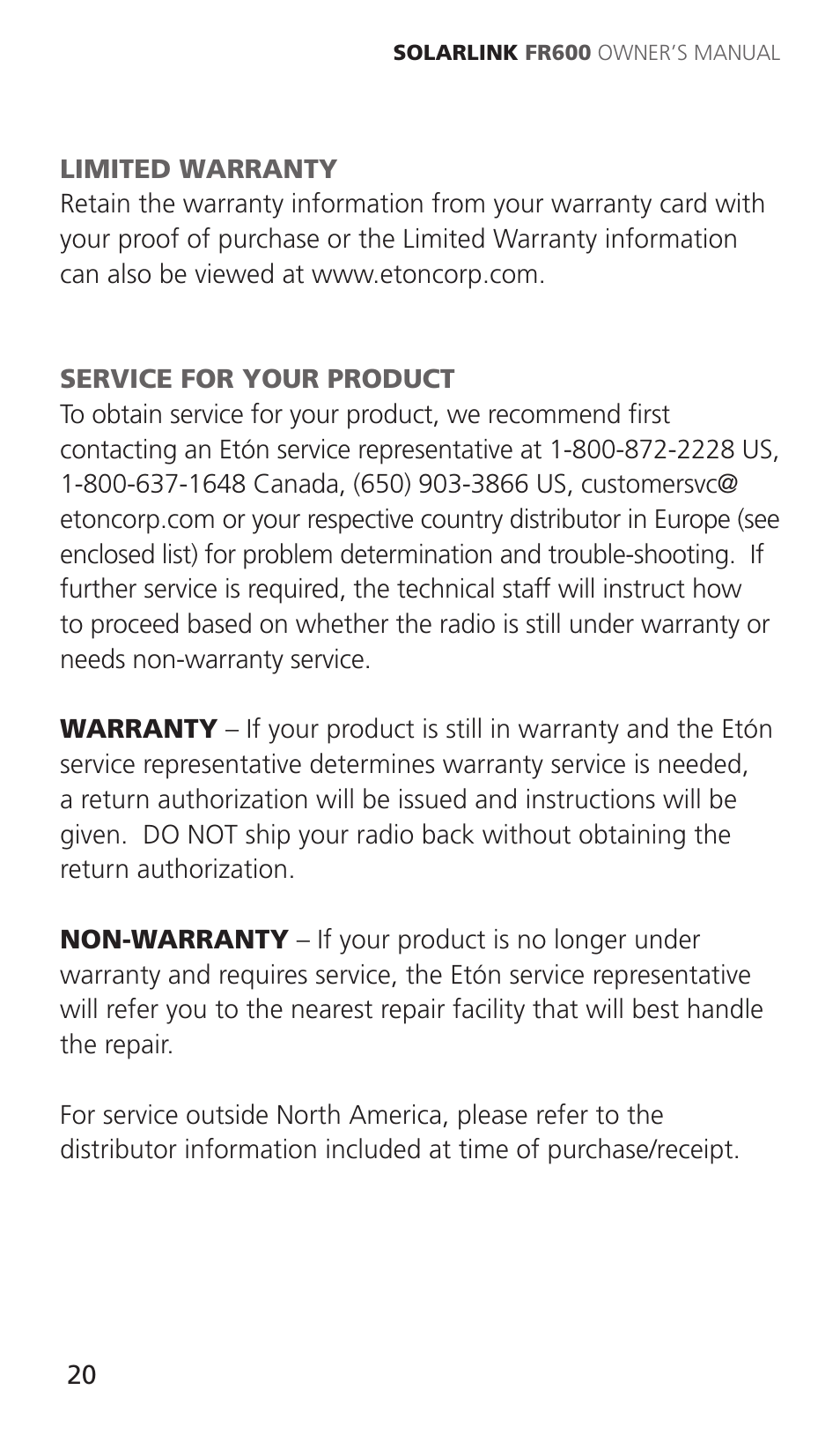 Eton Solarlink ARCFR600R User Manual | Page 20 / 68