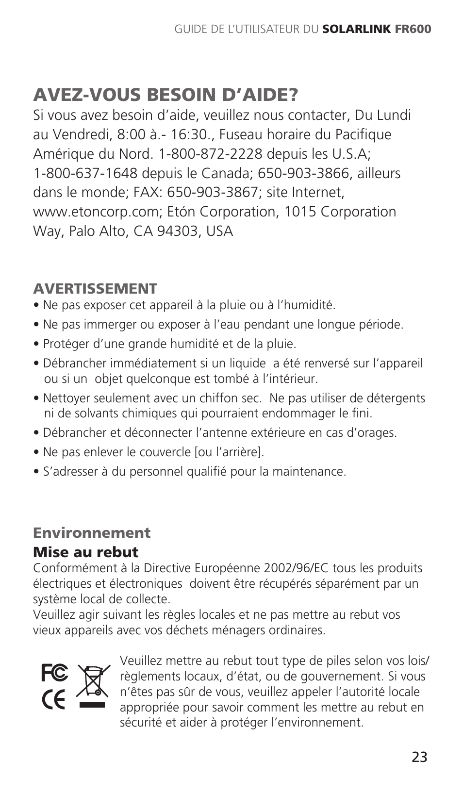 Avez-vous besoin d’aide | Eton Solarlink ARCFR600R User Manual | Page 23 / 68