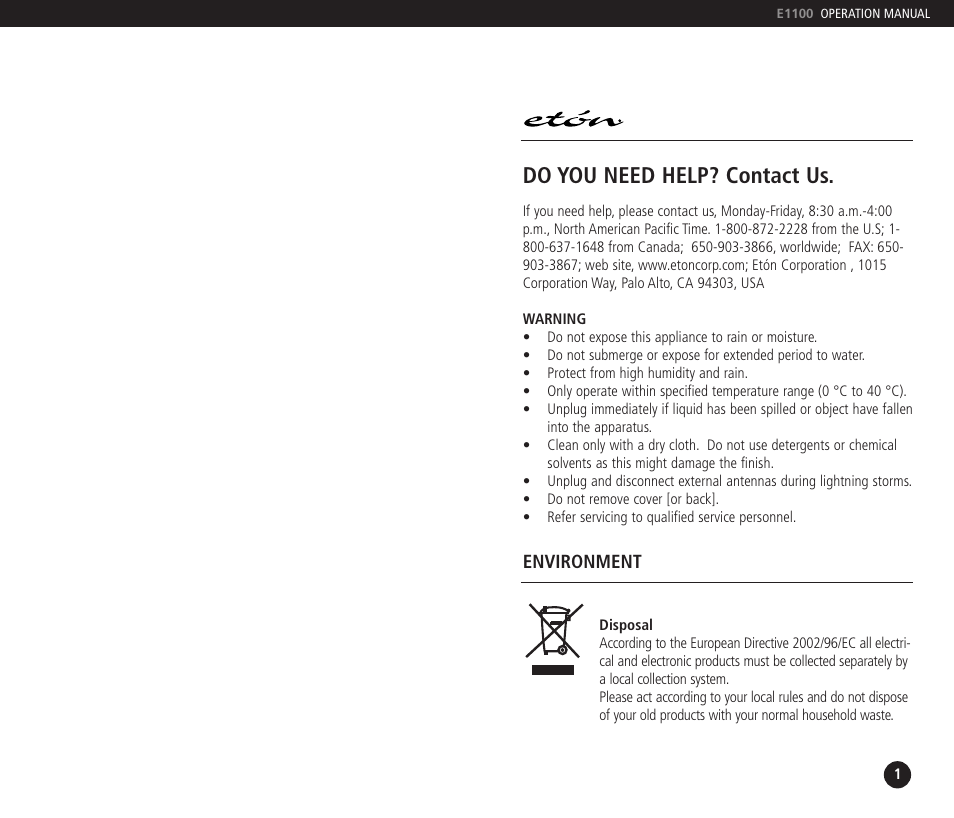 Do you need help? contact us | Eton E1100 User Manual | Page 2 / 7