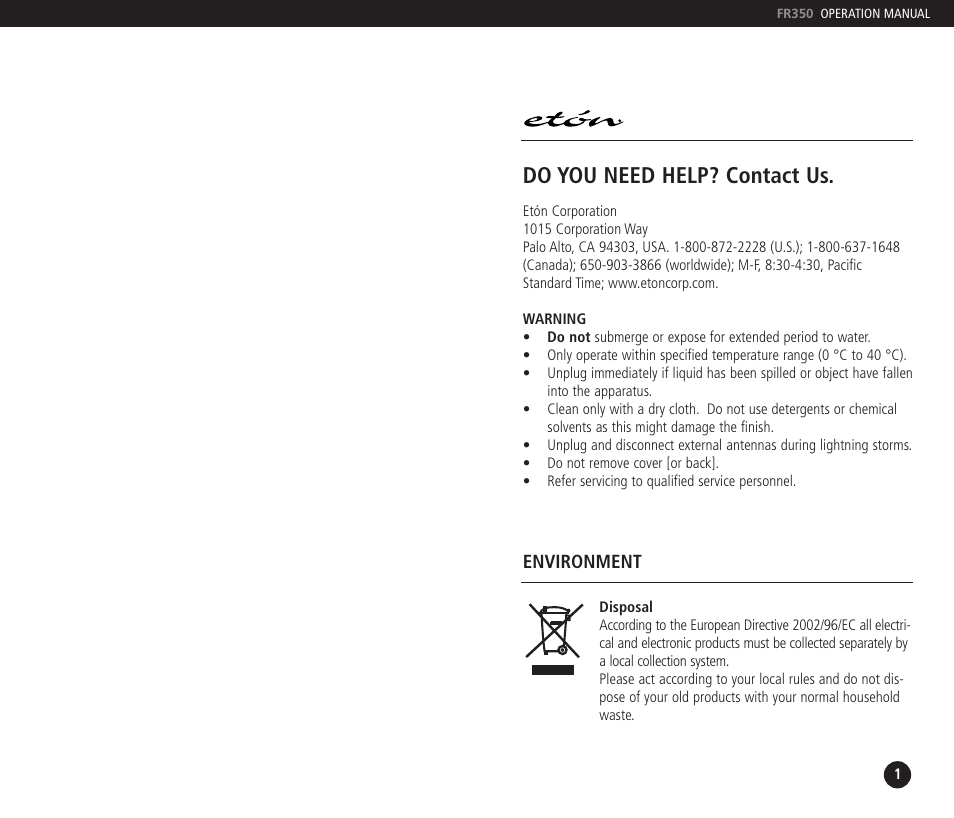 Do you need help? contact us | Eton A M / F M / S H O R T W A V E R A D I O FR350 User Manual | Page 2 / 7