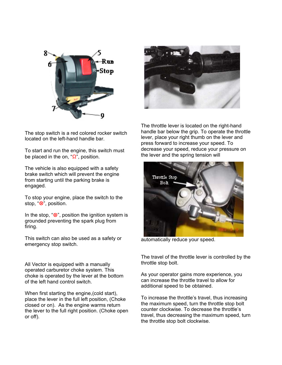 Engine stop switch, Manual choke lever, Throttle lever | Eton VECTOR 250R User Manual | Page 10 / 32