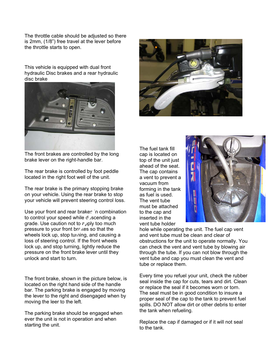 Front and rear brakes, Parking brake, Fuel tank | Eton VECTOR 250R User Manual | Page 11 / 32